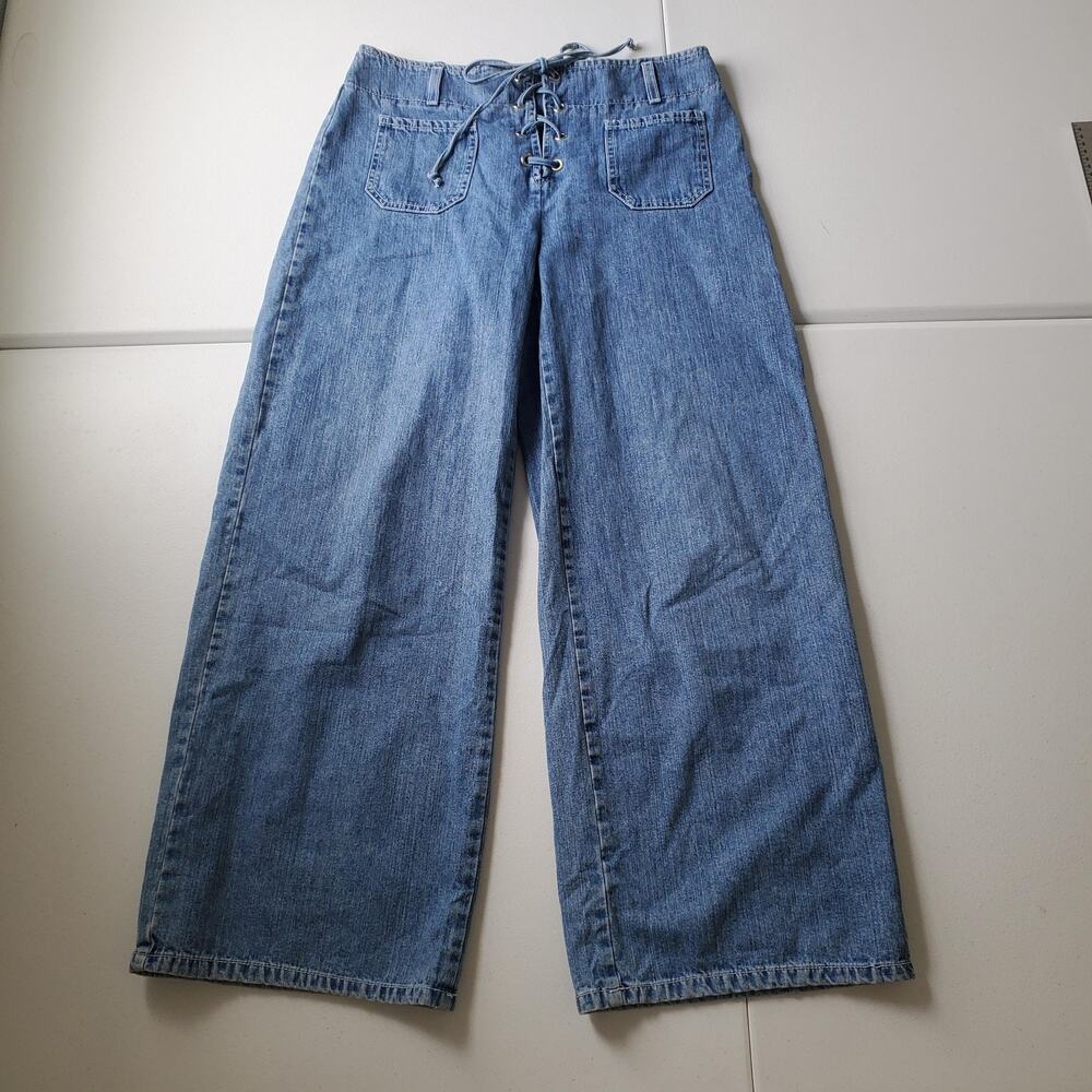 Y2K Jeans Womens 12 Blue High Rise Wide Leg Lace Up Front Denim Made USA